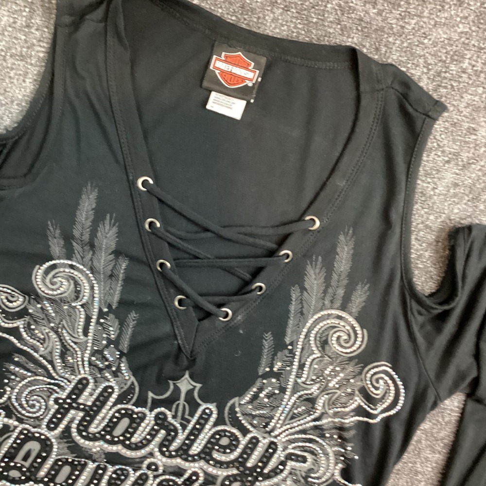 Harley Davidson Womens Black Cold Shoulder Lace Up Graphic Top Small 229
